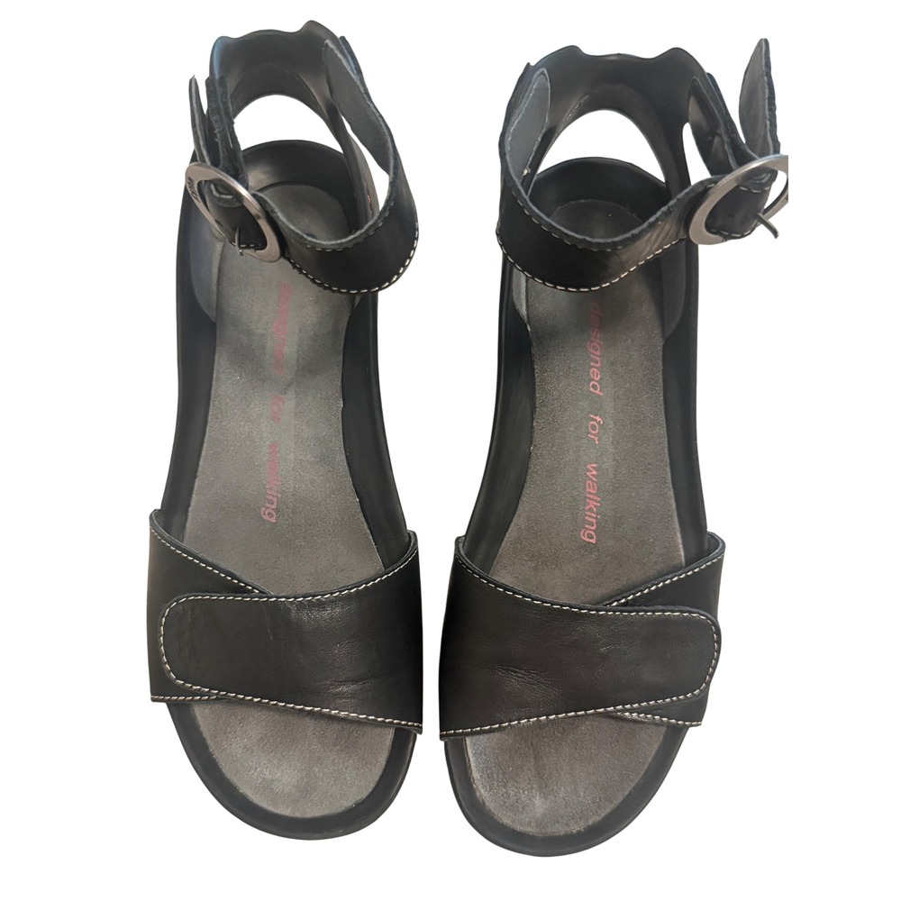 Wolky Leather Wedge Sandals Women Black Good Adjustable Straps Comfort 2in‎ Heel